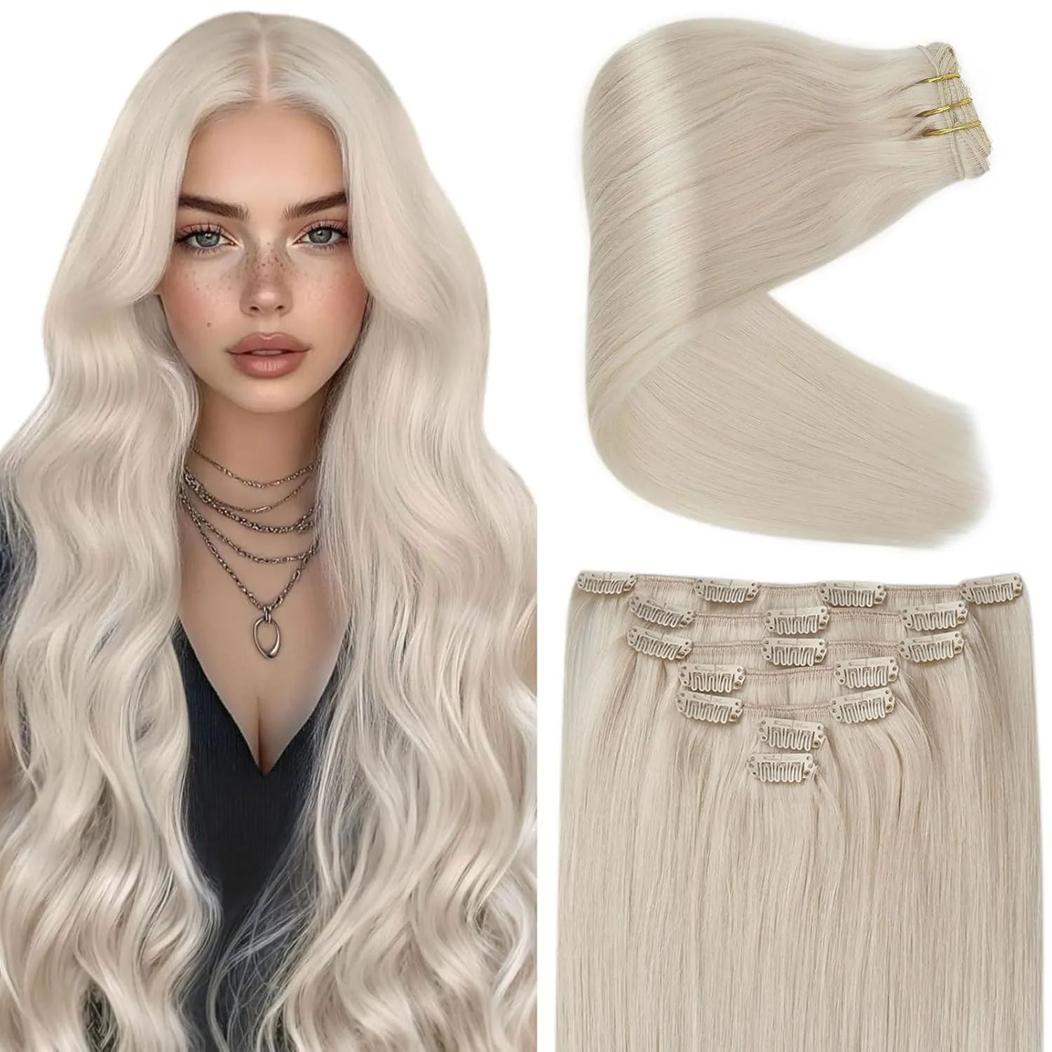 Ve Sunny Human Hair Clip in Extensions Blonde Clip in Hair Extensions Platinum Blonde Human Hair Extensions Clip ins Elegant Clip in Human Hair Extensions Add Hair Length 7pcs 120g 22inch