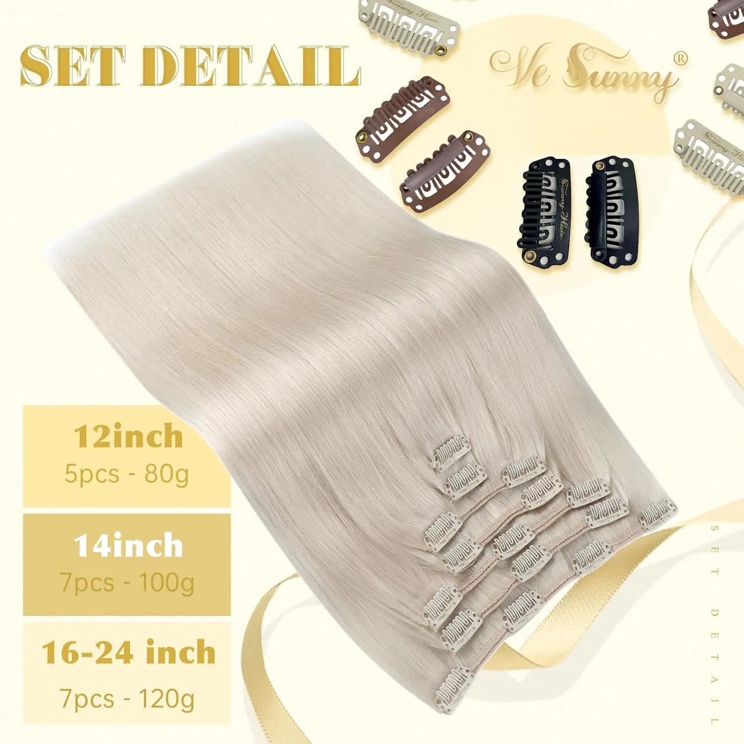 Ve Sunny Human Hair Clip in Extensions Blonde Clip in Hair Extensions Platinum Blonde Human Hair Extensions Clip ins Elegant Clip in Human Hair Extensions Add Hair Length 7pcs 120g 22inch