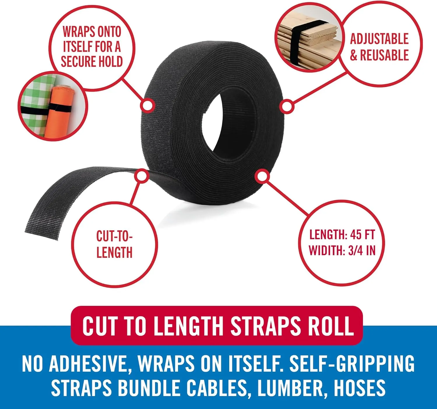 VELCRO Brand Cut to Length Straps Heavy Duty | 45 Ft x 3/4 in | ONE-WRAP Self-Gripping Double Sided Roll | Bundling Ties Fasten to Themselves for Secure Hold, VEL-30834-AMS, Black