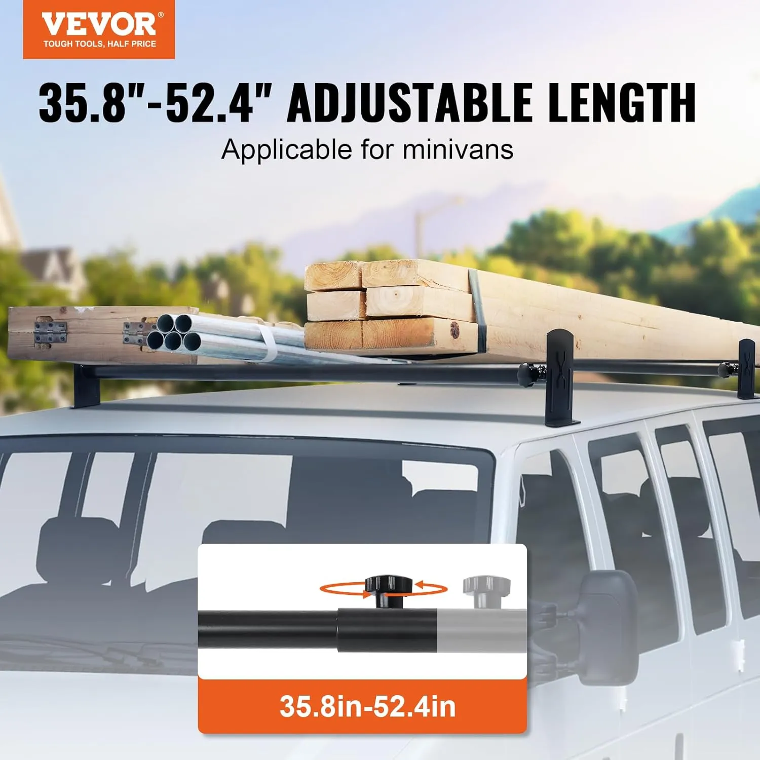 VEVOR Van Roof Ladder Rack - 35.8"-52.4" Adjustable Roof Rack, 500 LBS Capacity Alloy Steel, Drilling Mount for Minivans, Black