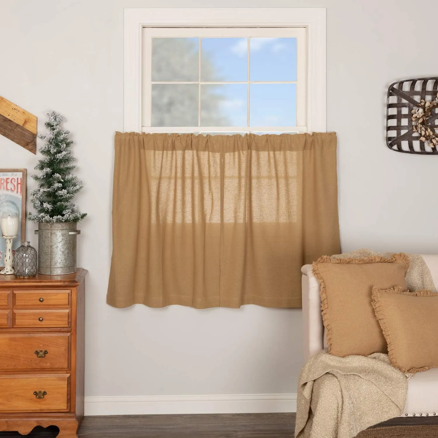VHC Brands Burlap Natural Farmhouse Primitive Curtains Solid Color Tier Set of 2 36x36