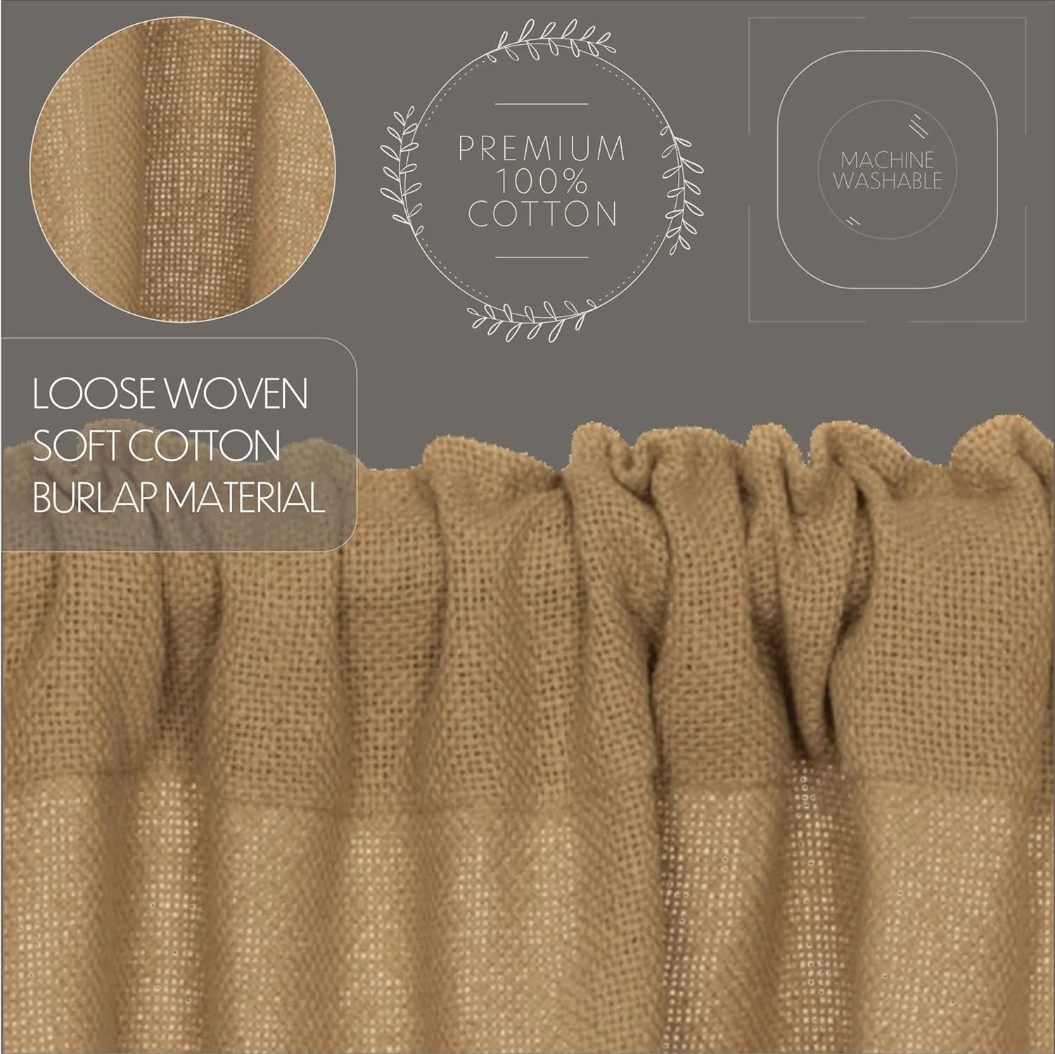 VHC Brands Burlap Natural Farmhouse Primitive Curtains Solid Color Tier Set of 2 36x36