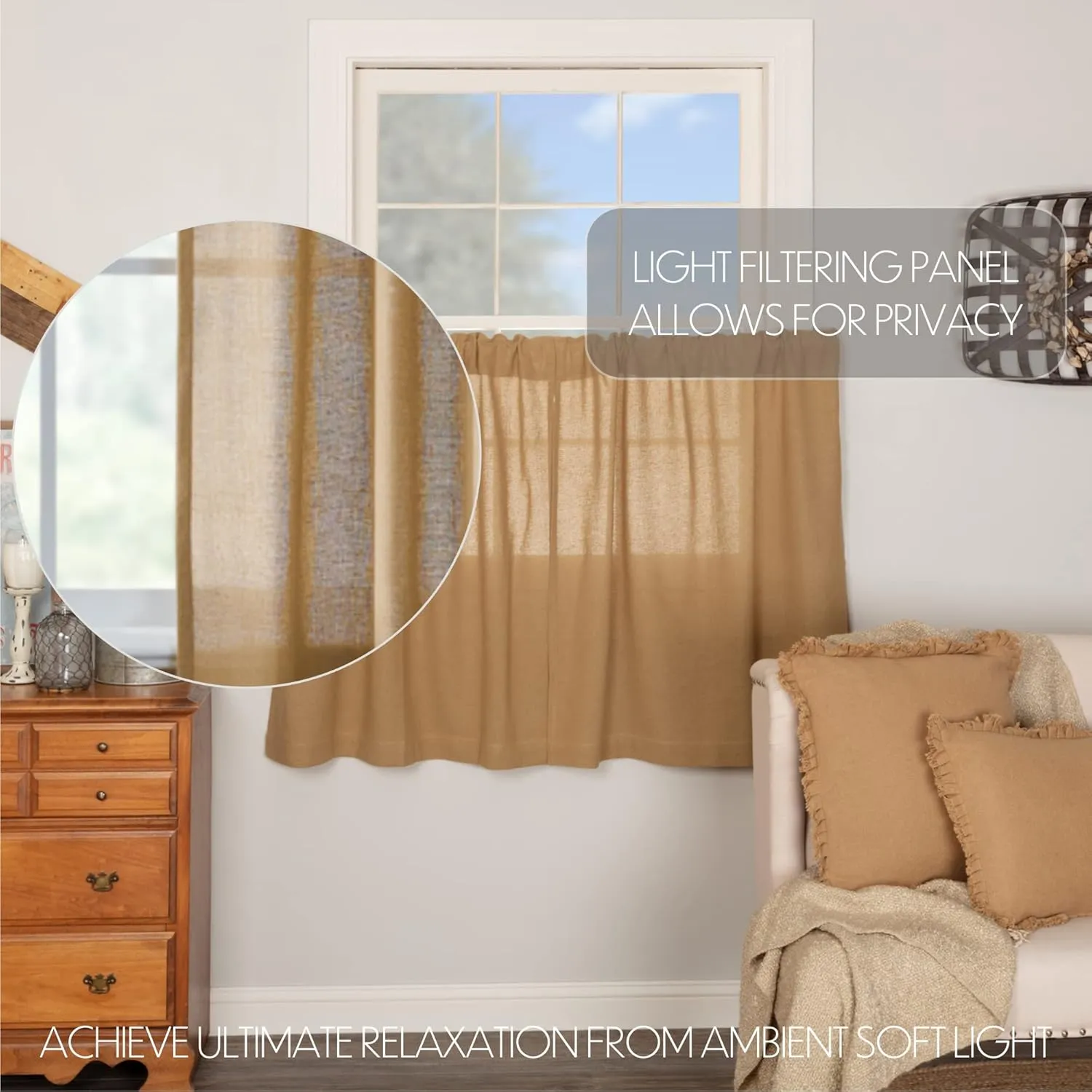 VHC Brands Burlap Natural Farmhouse Primitive Curtains Solid Color Tier Set of 2 36x36