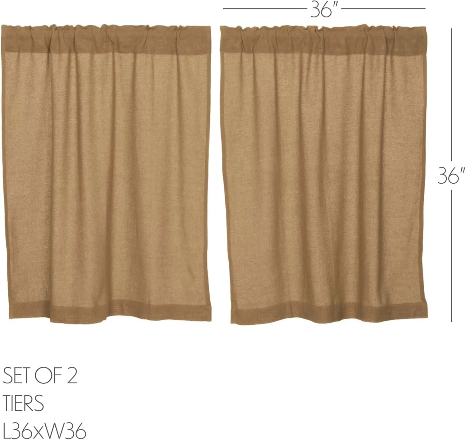 VHC Brands Burlap Natural Farmhouse Primitive Curtains Solid Color Tier Set of 2 36x36