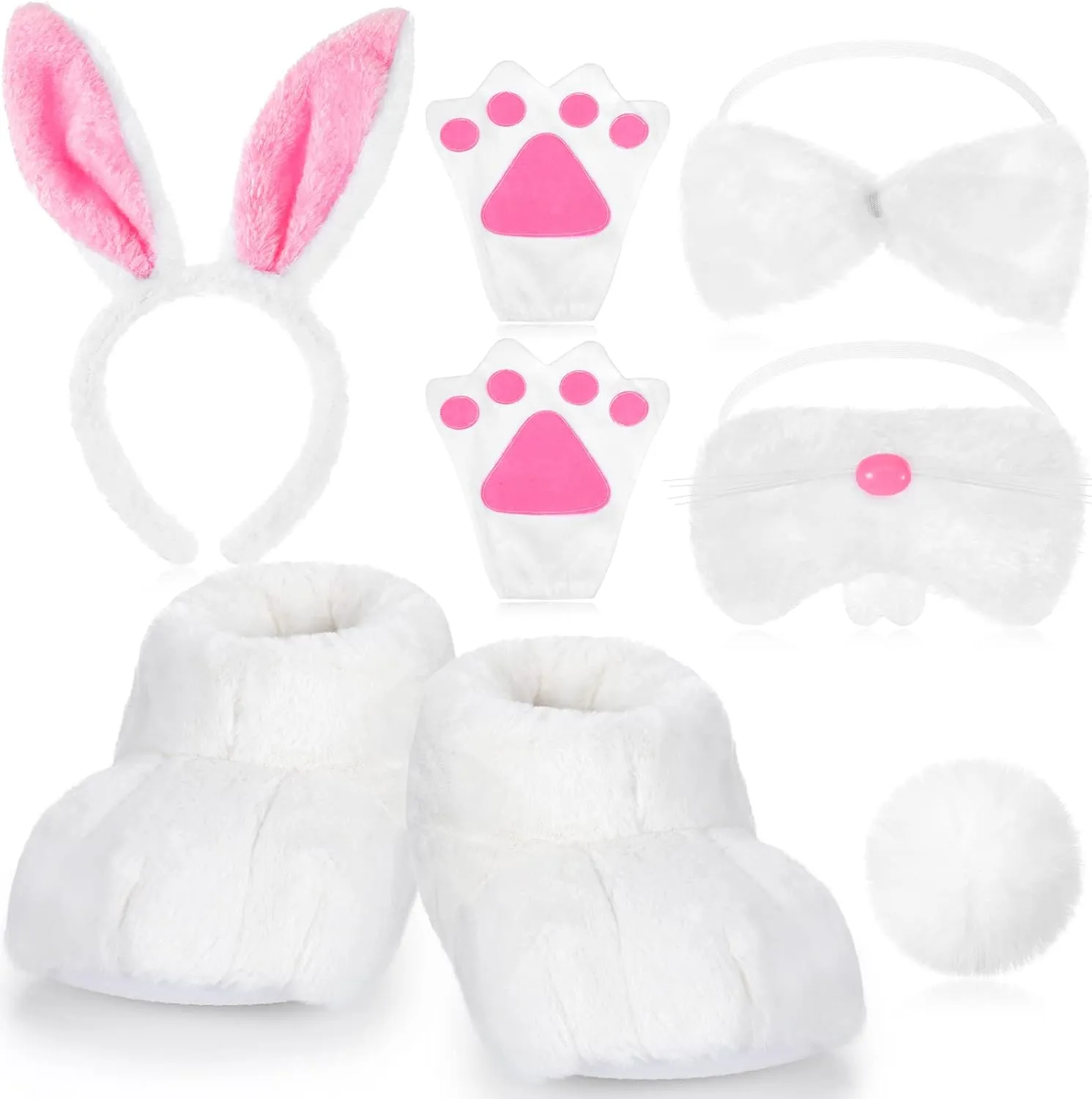 Vicenpal 8 Pieces Halloween Rabbit Costume Set Bunny Shoes Headband Nose Tail Bow Tie Gloves Plush Bunny Costume Accessory for Halloween Cosplay, White Pink