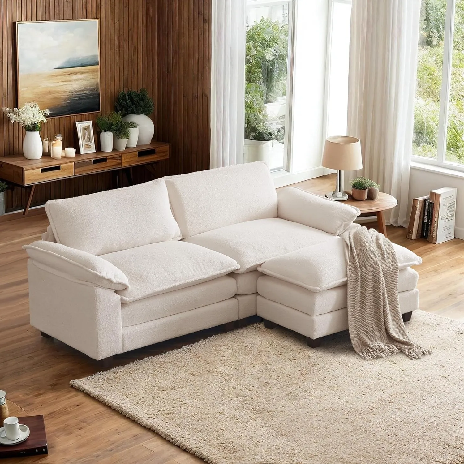 VINGLI 87" Convertible Sectional Sofa,L-Shaped Deep Seat Sofa Couch for Living Room,Modern 2-Seat Loveseat Sofa with Ottoman for Small Space(White,Faux Sherpa, 87")