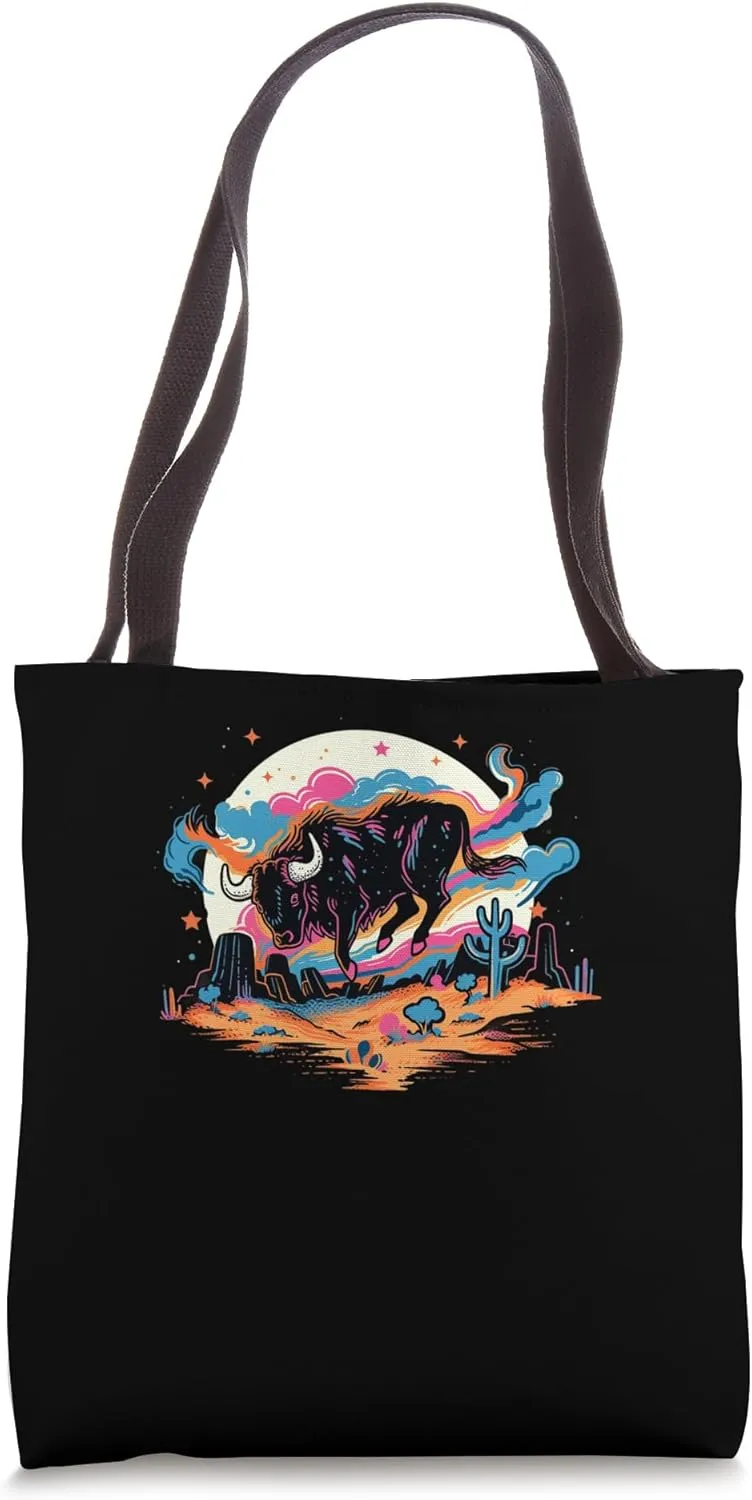 Vintage American Bison Cactus Buffalo Roam Retro 80s Pop Art Tote Bag
