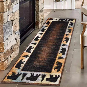 Vintage Brown Bear Runner Rug, 2x8ft, Rustic Cabin Wildlife Entrance Rug, Rubber Backed Durable Floor Carpet, Cozy Machine Washable Low Pile Rugs for Entryway Hallway