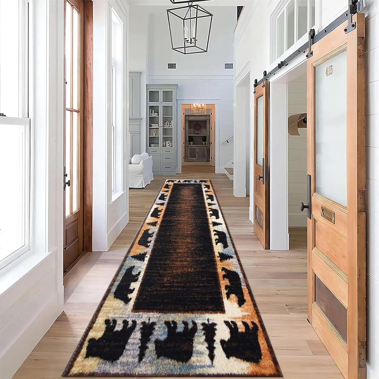 Vintage Brown Bear Runner Rug, 2x8ft, Rustic Cabin Wildlife Entrance Rug, Rubber Backed Durable Floor Carpet, Cozy Machine Washable Low Pile Rugs for Entryway Hallway