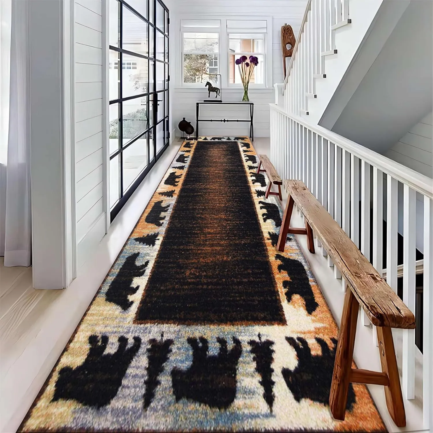 Vintage Brown Bear Runner Rug, 2x8ft, Rustic Cabin Wildlife Entrance Rug, Rubber Backed Durable Floor Carpet, Cozy Machine Washable Low Pile Rugs for Entryway Hallway