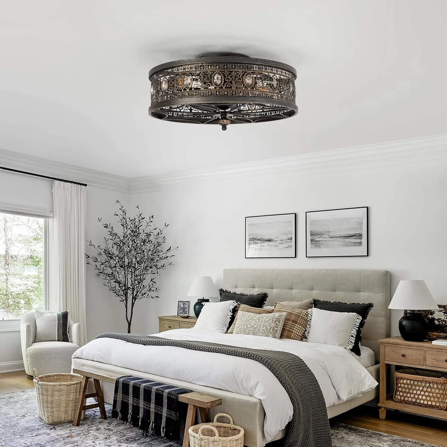 Vintage Ceiling Fan with Light and Remote Control, 18 Inch Fandelier Enclosed Caged Bladeless Light Fixture, Flush Mount with Crystal Accents, Low Profile Design for Bedroom, Dining Room, Entryway