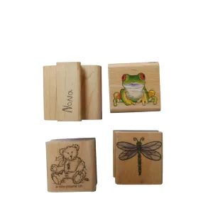 Vintage Stampin Up! Wood Mounted Rubber Stamps Set Of 4 Frog Dragonfly Teddy Bear Alligator