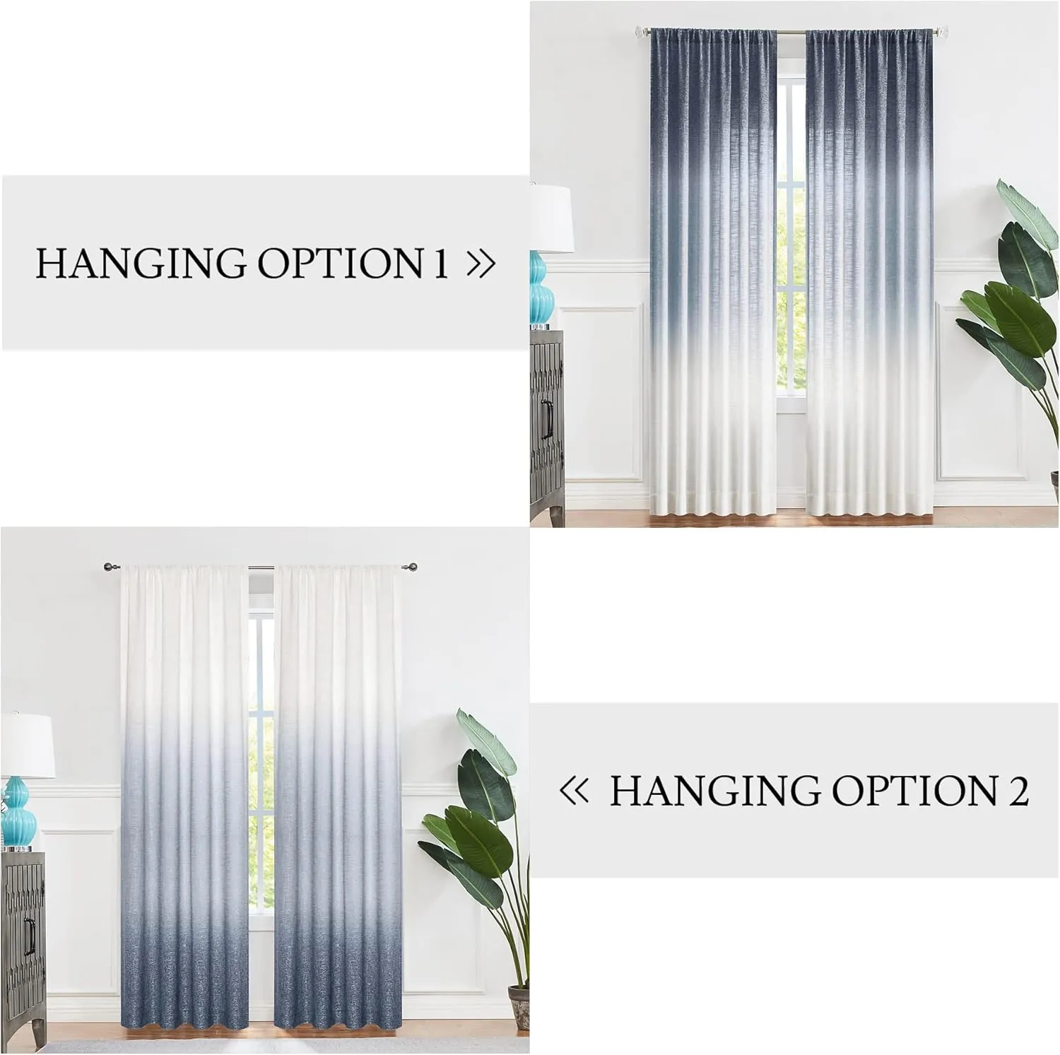 Vision Home Ombre Semi Sheer Curtains Linen Textured Gradient Indigo and Cream White Living Room Curtains Panels Rod Pocket Two Tones Light Filtering Drapes for Bedroom,50" Wx108 L Each,Set of 2