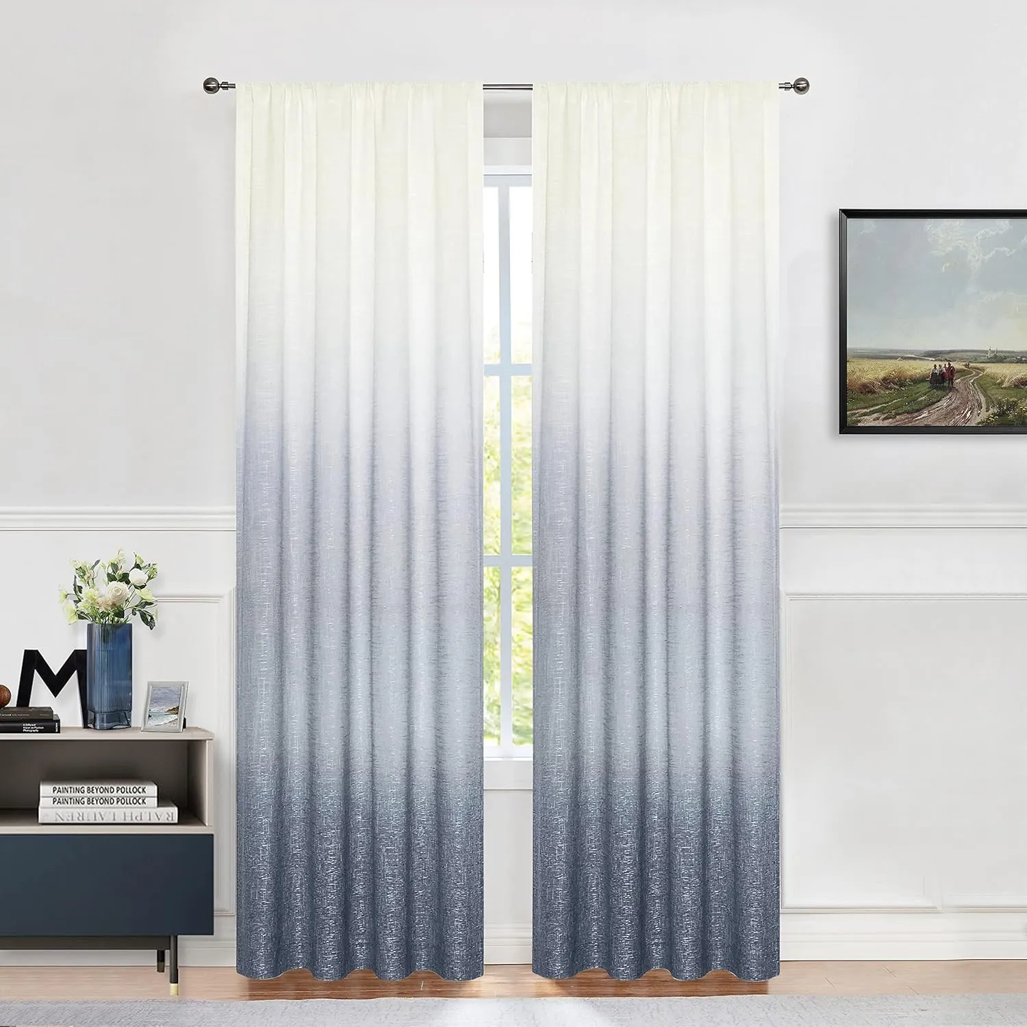 Vision Home Ombre Semi Sheer Curtains Linen Textured Gradient Indigo and Cream White Living Room Curtains Panels Rod Pocket Two Tones Light Filtering Drapes for Bedroom,50" Wx108 L Each,Set of 2