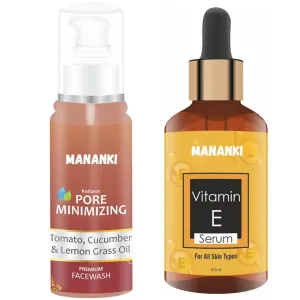 Vitamin E Serum and Pore Minimizing Face Wash Set, 50ml Serum, 100ml Face Wash with Tomato, Cucumber and Lemongrass Oil