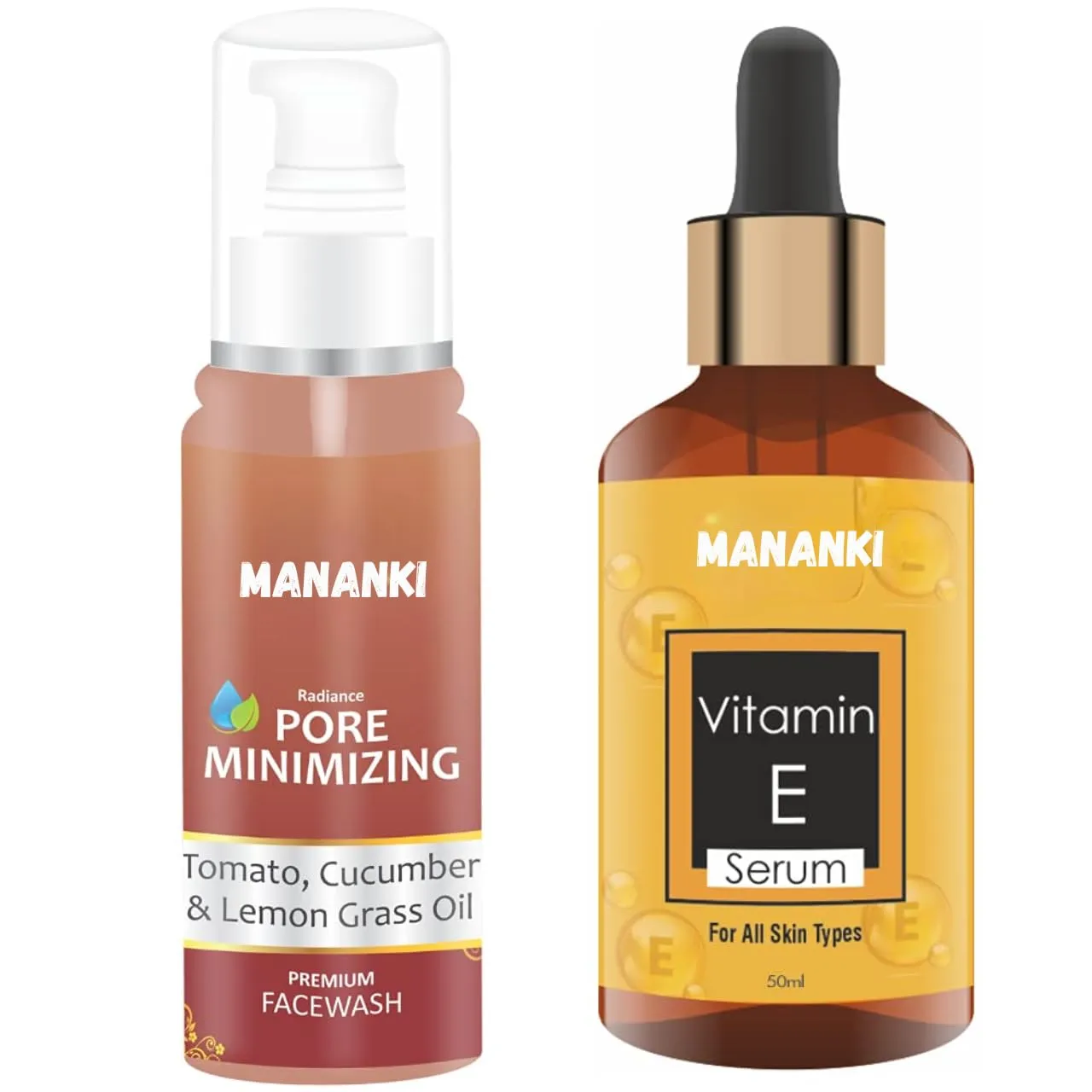 Vitamin E Serum and Pore Minimizing Face Wash Set, 50ml Serum, 100ml Face Wash with Tomato, Cucumber and Lemongrass Oil