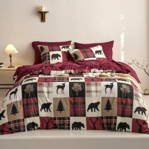 Wake In Cloud - Rustic Comforter Set with Sheets, Cabin Lodge Christmas Bear Moose Deer Wildlife Western Patchwork Country, 7 Pieces Bed in a Bag, Burgundy Black, King Size