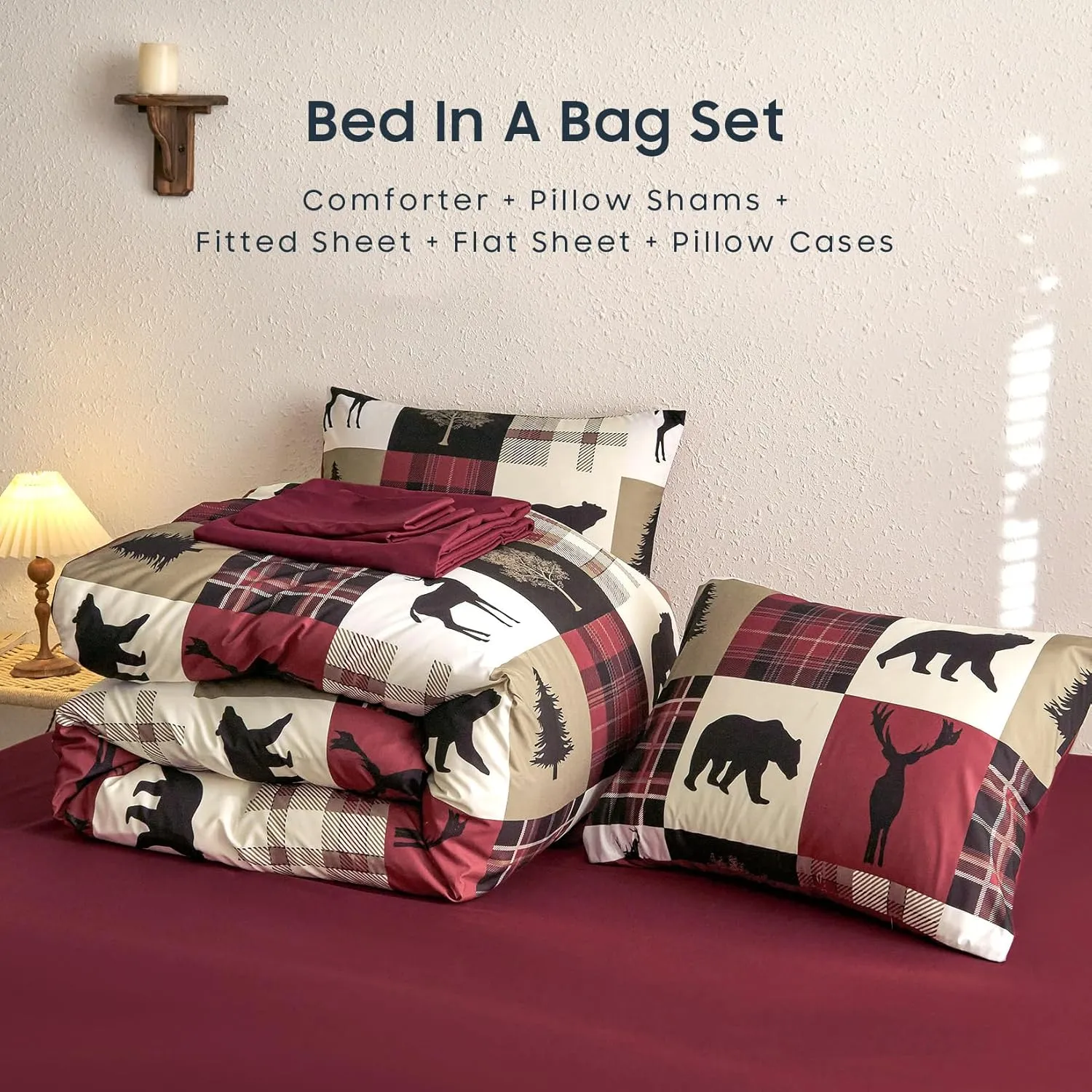 Wake In Cloud - Rustic Comforter Set with Sheets, Cabin Lodge Christmas Bear Moose Deer Wildlife Western Patchwork Country, 7 Pieces Bed in a Bag, Burgundy Black, King Size