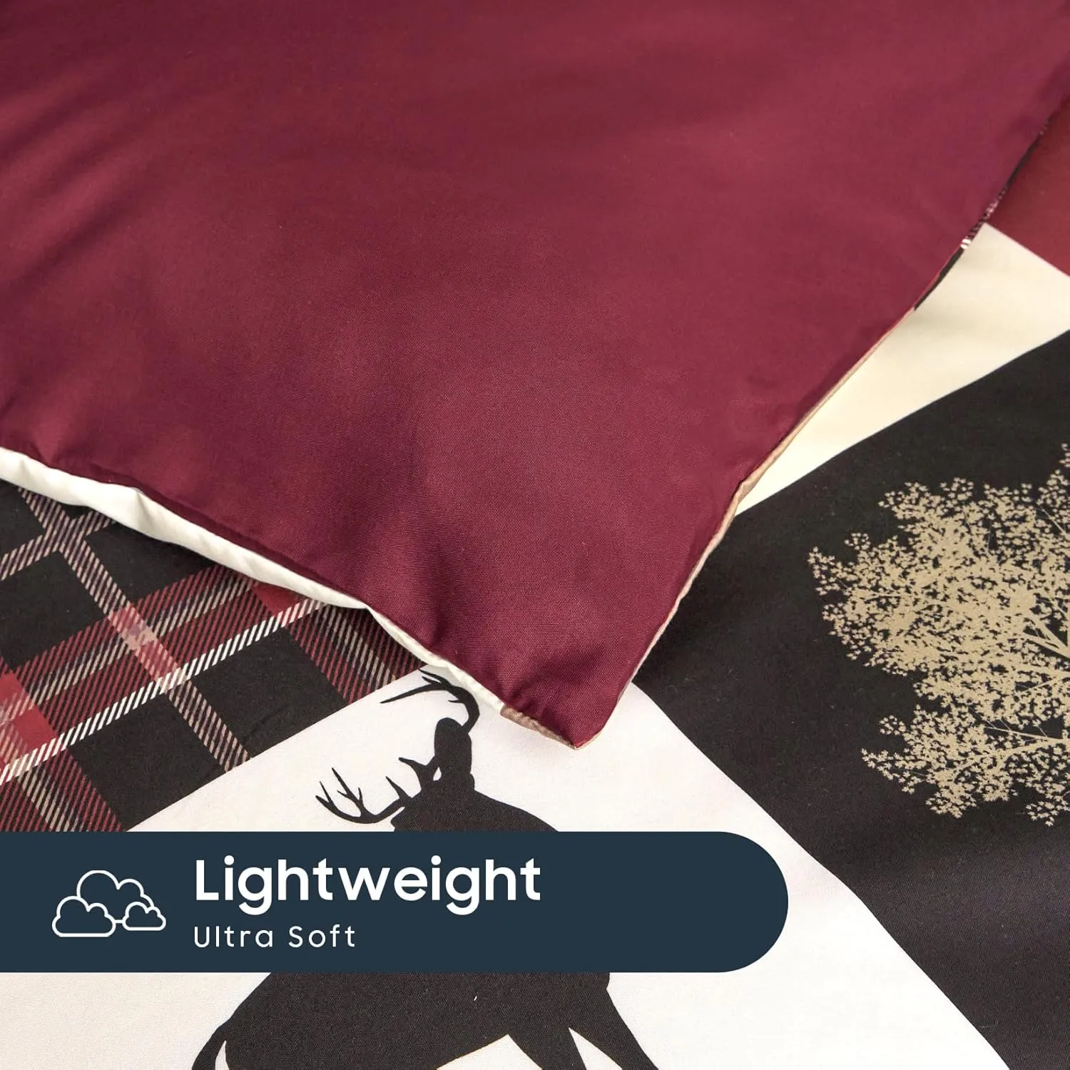 Wake In Cloud - Rustic Comforter Set with Sheets, Cabin Lodge Christmas Bear Moose Deer Wildlife Western Patchwork Country, 7 Pieces Bed in a Bag, Burgundy Black, King Size