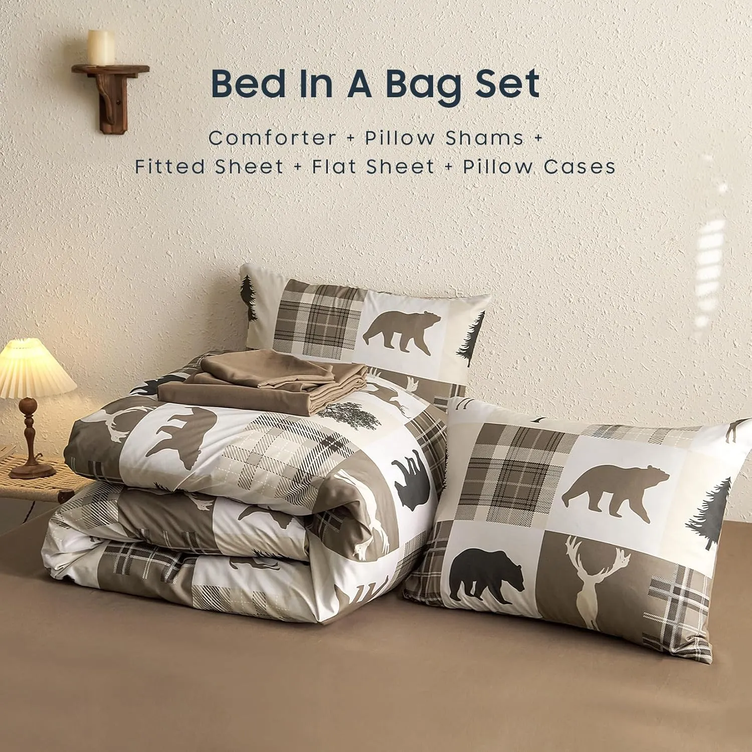 Wake In Cloud - Rustic Comforter Set with Sheets, Cabin Lodge Christmas Bear Moose Deer Wildlife Western Patchwork Country, 7 Pieces Bed in a Bag, Tan Brown, Queen Size