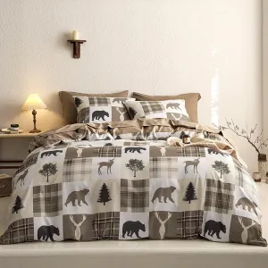 Wake In Cloud - Rustic Comforter Set with Sheets, Cabin Lodge Christmas Bear Moose Deer Wildlife Western Patchwork Country, 7 Pieces Bed in a Bag, Tan Brown, Queen Size