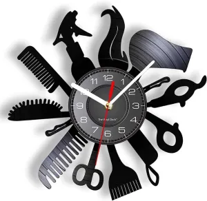 Wall Clock Wall Clocks Silent Non- Beauty Salon Sign Vinyl Record Wall Clock, 12 Inch Battery Operated Silent Non-Ticking, Vintage Hanging Watch for Haircut Decor Labor Day Hairdresser Gift