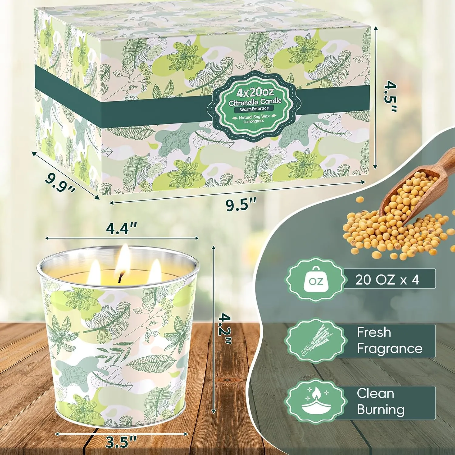 WarmEmbrace Citronella Candles Outdoor & Indoor, Large Citronella Candle 400H Burning Long Lasting, 4 Pack 20oz Soy Scented, 3-Wick Natural Soy Wax for Patio, Garden, Backyard, Camping, Cookout