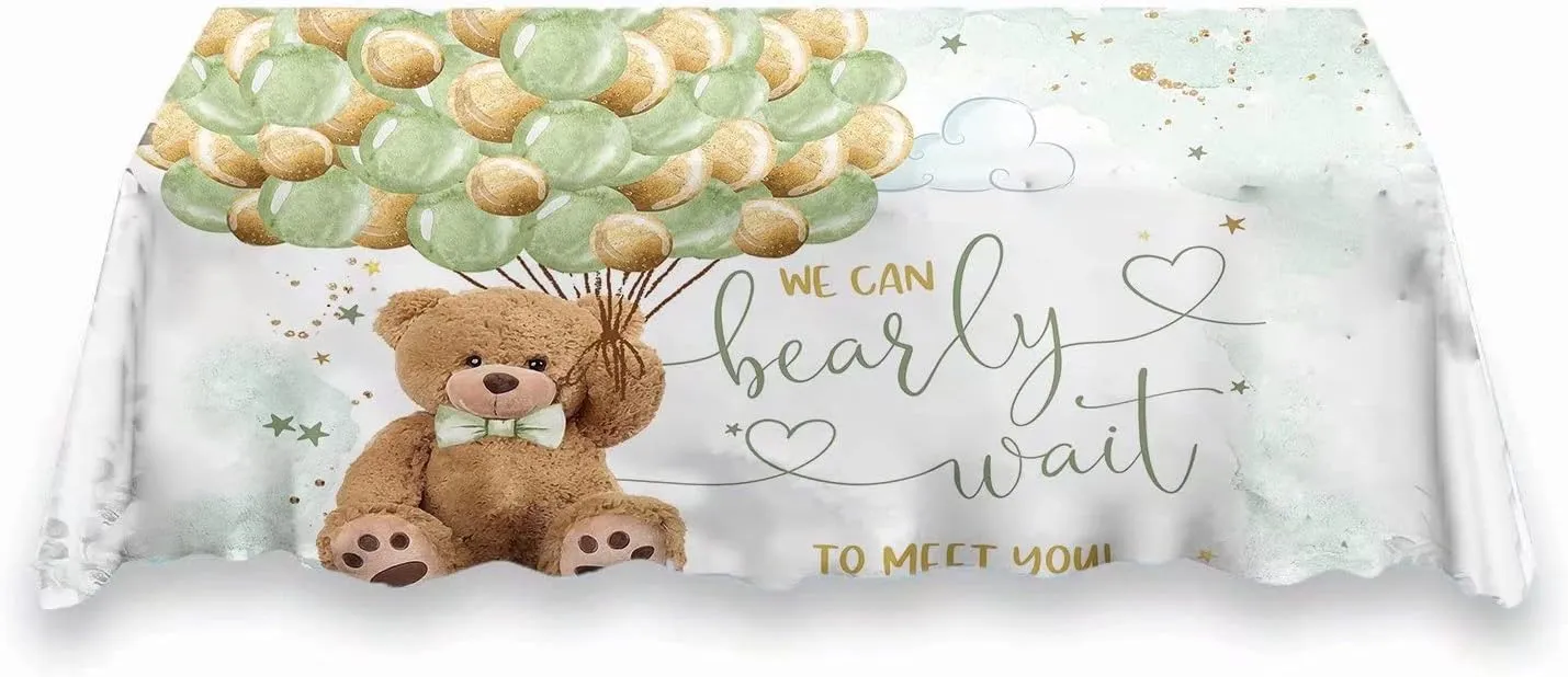 We Can Bearly Wait to Meet You Bear Tablecloth for Baby Shower,Pastel Mint Green Neutral Teddy Bear Babyshower Table Covers,Rectangle Table Decors,102x62 Inches ZB-1074