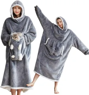 Wearable Blanket Hoodie With Cat Pouch,Warm Cozy Oversized Sherpa Fleece Thick Hooded Sweatshirt Gifts for Adult Women Men