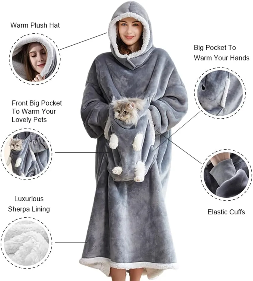 Wearable Blanket Hoodie With Cat Pouch,Warm Cozy Oversized Sherpa Fleece Thick Hooded Sweatshirt Gifts for Adult Women Men