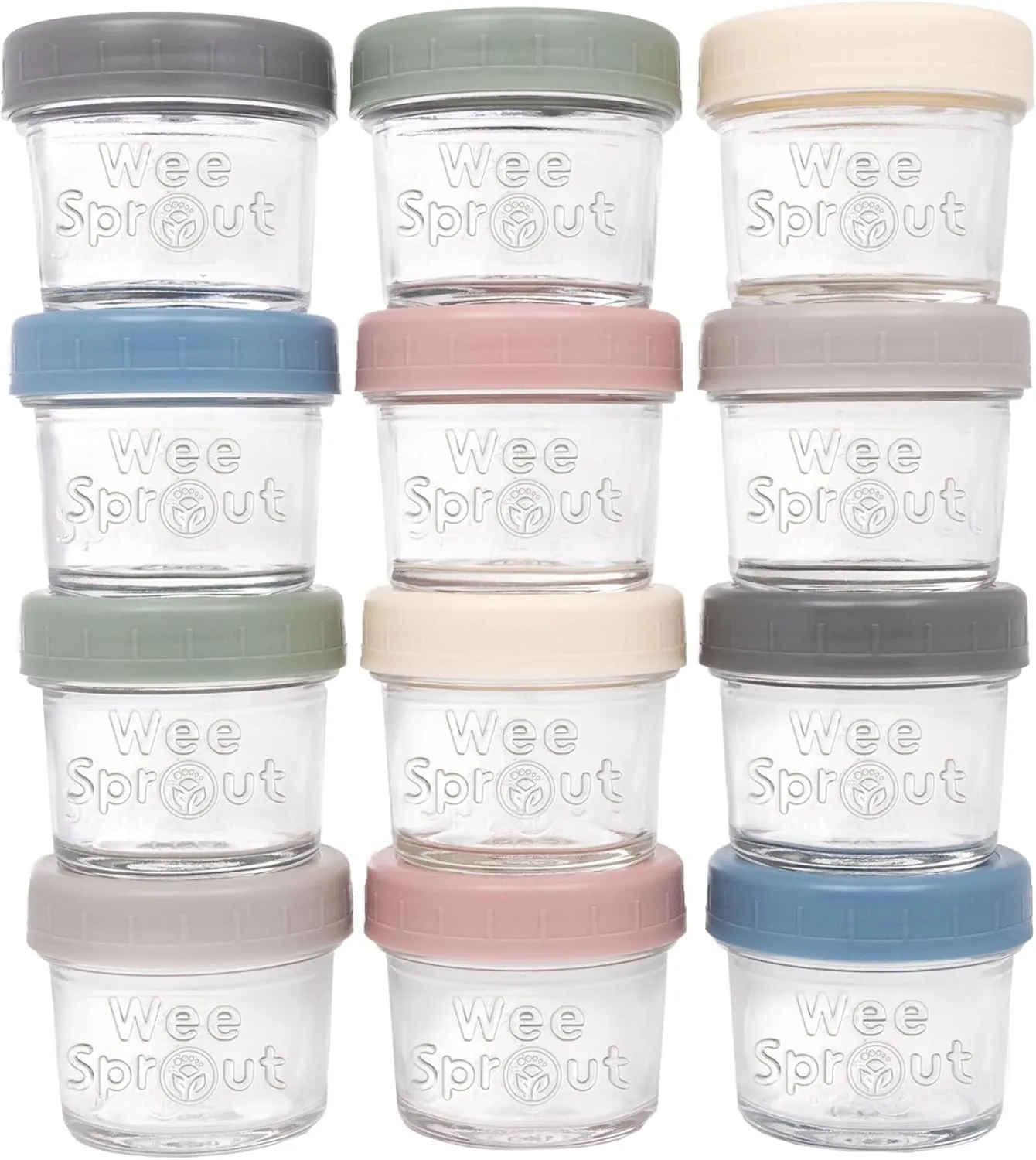 WeeSprout Glass Baby Food Storage Jars w/Lids (4 oz, 12 Pack Set) Snack, Puree, Reusable Small Containers, Breast Milk, Fridge or Freezer, Microwave & Dishwasher Safe, Essential Must Have for Infants