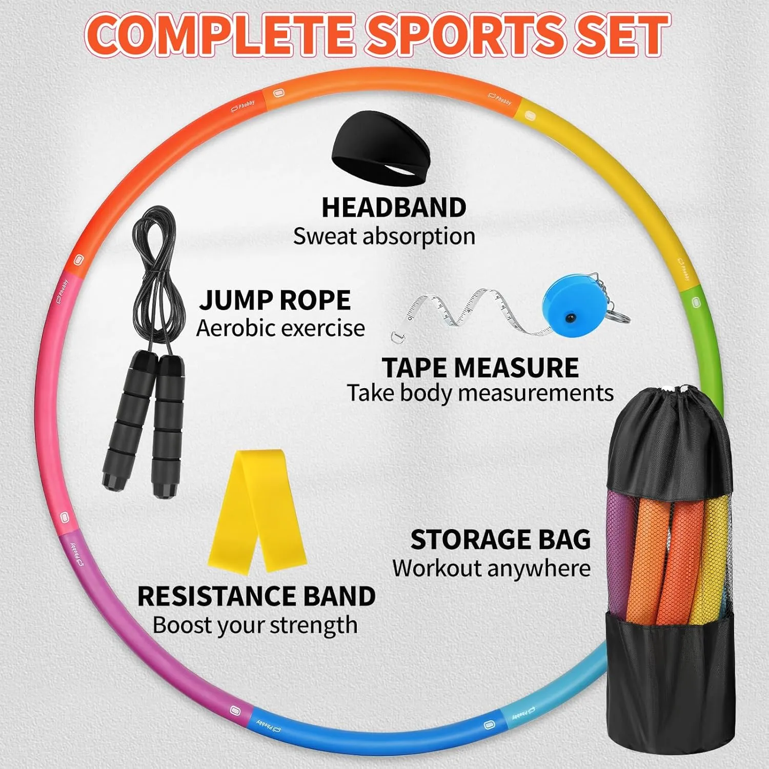 Weighted Exercise Hoop for Adults, 2.2lb&2.8lb Adjustable Fitness Hoop, 8 Detachable Hoop Sections with Jump Rope & Storage Bag, Home Gym Workout