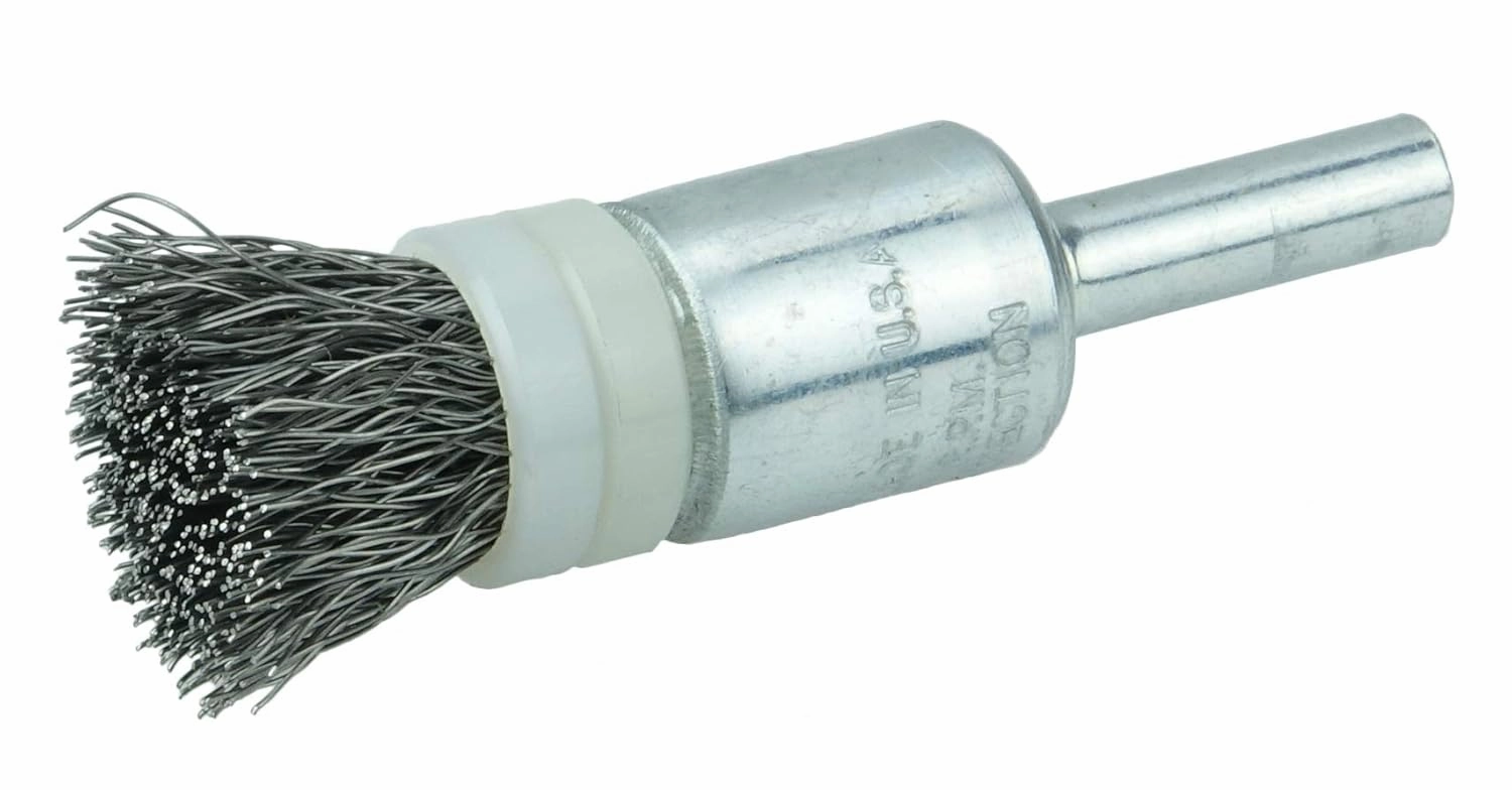 Weiler 11110 0.006" Wire Size, 302 Stainless Steel Bristles, Banded, Solid End, Stem-Mounted Crimped Wire End Brush, Made in the USA