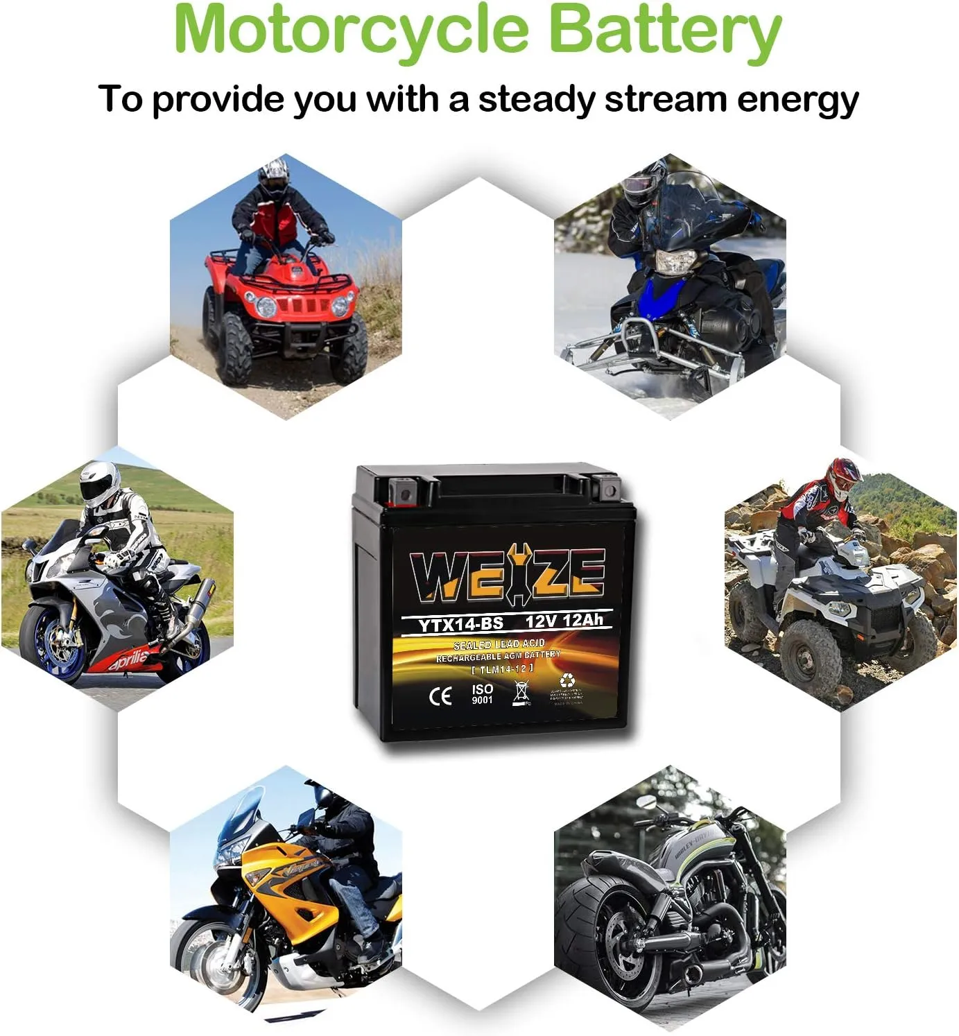 Weize YTX14 BS ATV Battery High Performance - Maintenance Free - Sealed AGM YTX14-BS Motorcycle Battery compatible with Honda Suzuki Kawasaki Yamaha scooter snowmobile