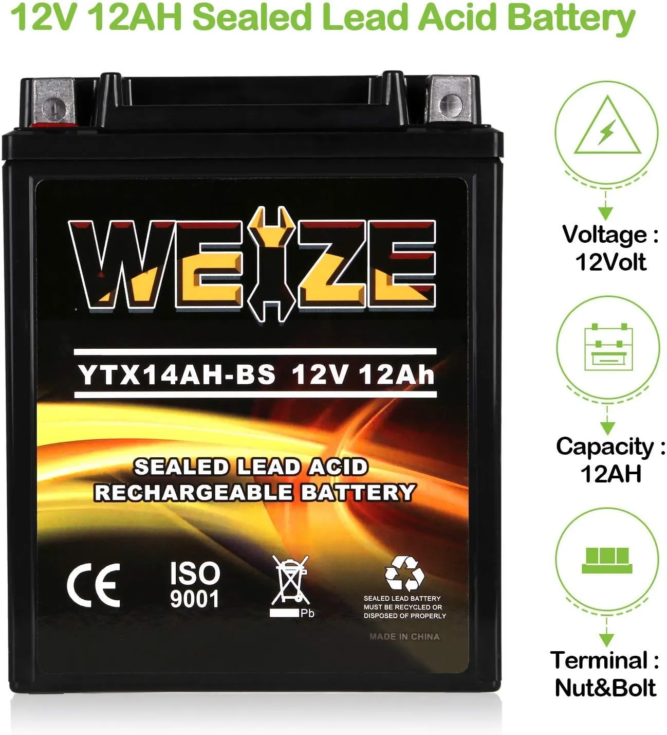 Weize YTX14AH-BS High Performance - Maintenance Free-Sealed AGM ATV Motorcycle Battery for Polaris Sportsman 570 Trail Blazer 250 Ranger 400 500 Suzuki King Quad 300 QuadRunner 250