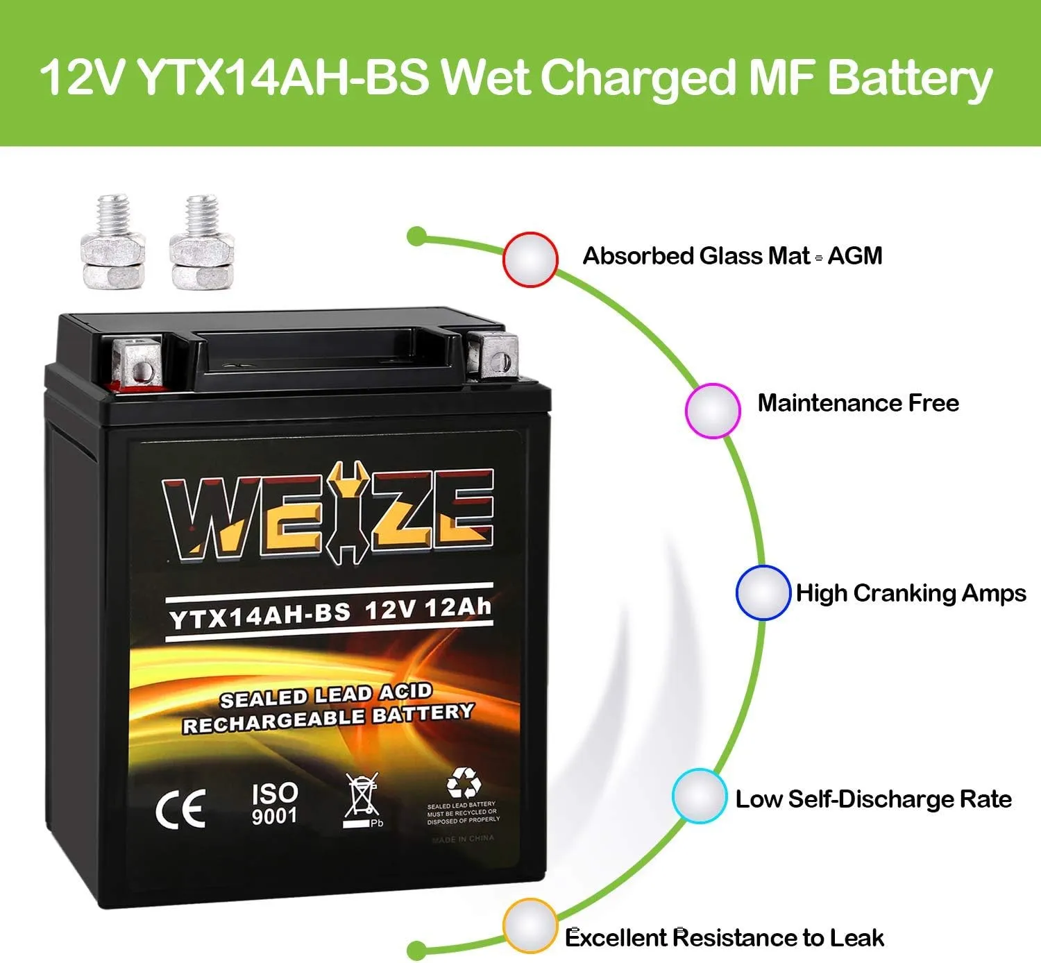 Weize YTX14AH-BS High Performance - Maintenance Free-Sealed AGM ATV Motorcycle Battery for Polaris Sportsman 570 Trail Blazer 250 Ranger 400 500 Suzuki King Quad 300 QuadRunner 250