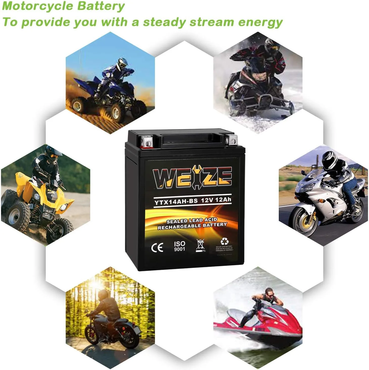 Weize YTX14AH-BS High Performance - Maintenance Free-Sealed AGM ATV Motorcycle Battery for Polaris Sportsman 570 Trail Blazer 250 Ranger 400 500 Suzuki King Quad 300 QuadRunner 250