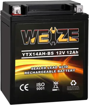 Weize YTX14AH-BS High Performance - Maintenance Free-Sealed AGM ATV Motorcycle Battery for Polaris Sportsman 570 Trail Blazer 250 Ranger 400 500 Suzuki King Quad 300 QuadRunner 250