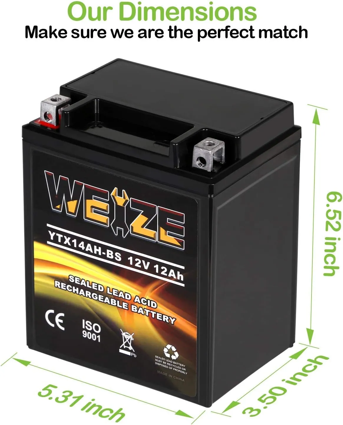 Weize YTX14AH-BS High Performance - Maintenance Free-Sealed AGM ATV Motorcycle Battery for Polaris Sportsman 570 Trail Blazer 250 Ranger 400 500 Suzuki King Quad 300 QuadRunner 250