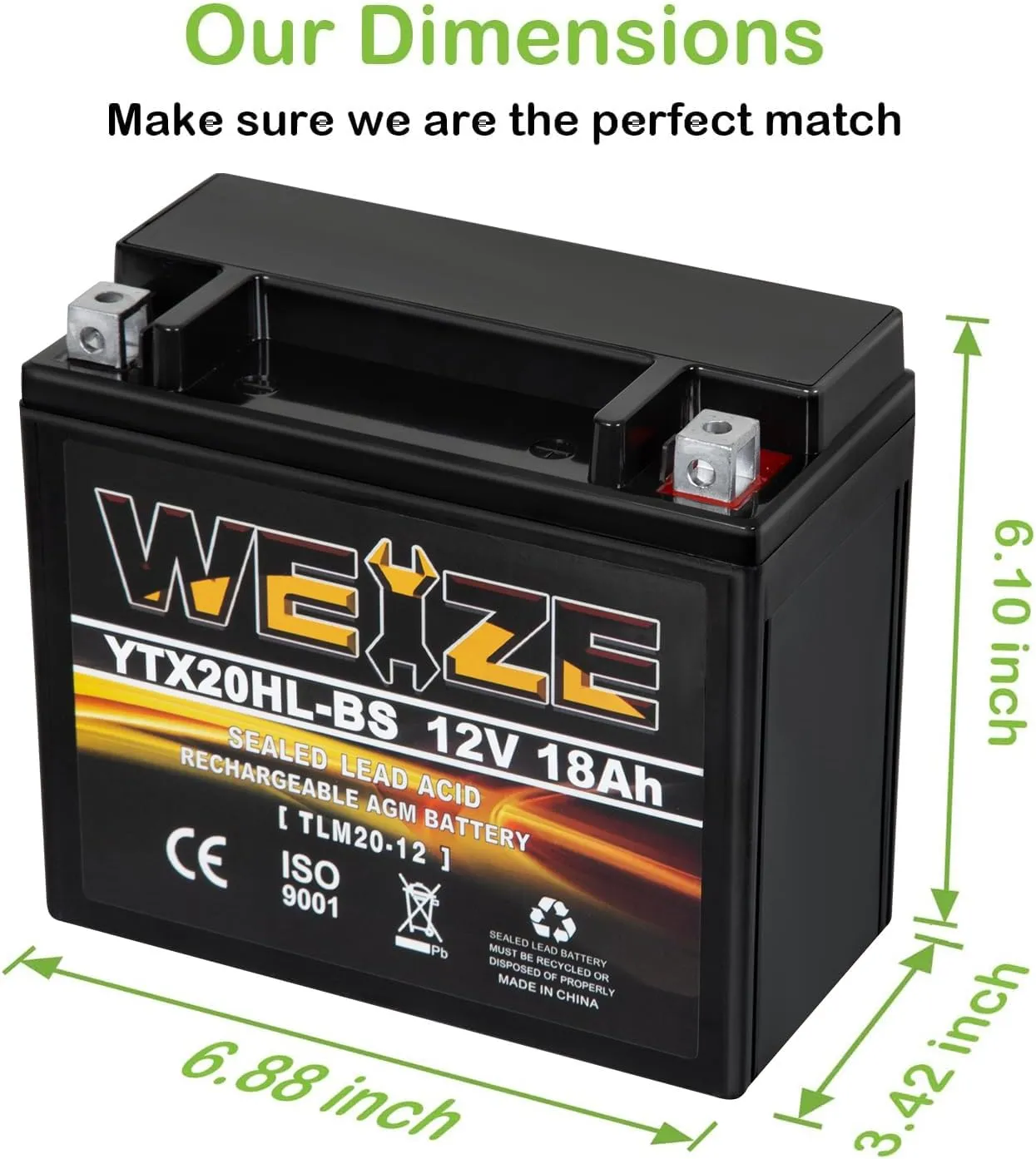 Weize YTX20HL-BS Battery, High Performance - Maintenance Free - Sealed AGM ETX20HL BS Motorcycle Battery
