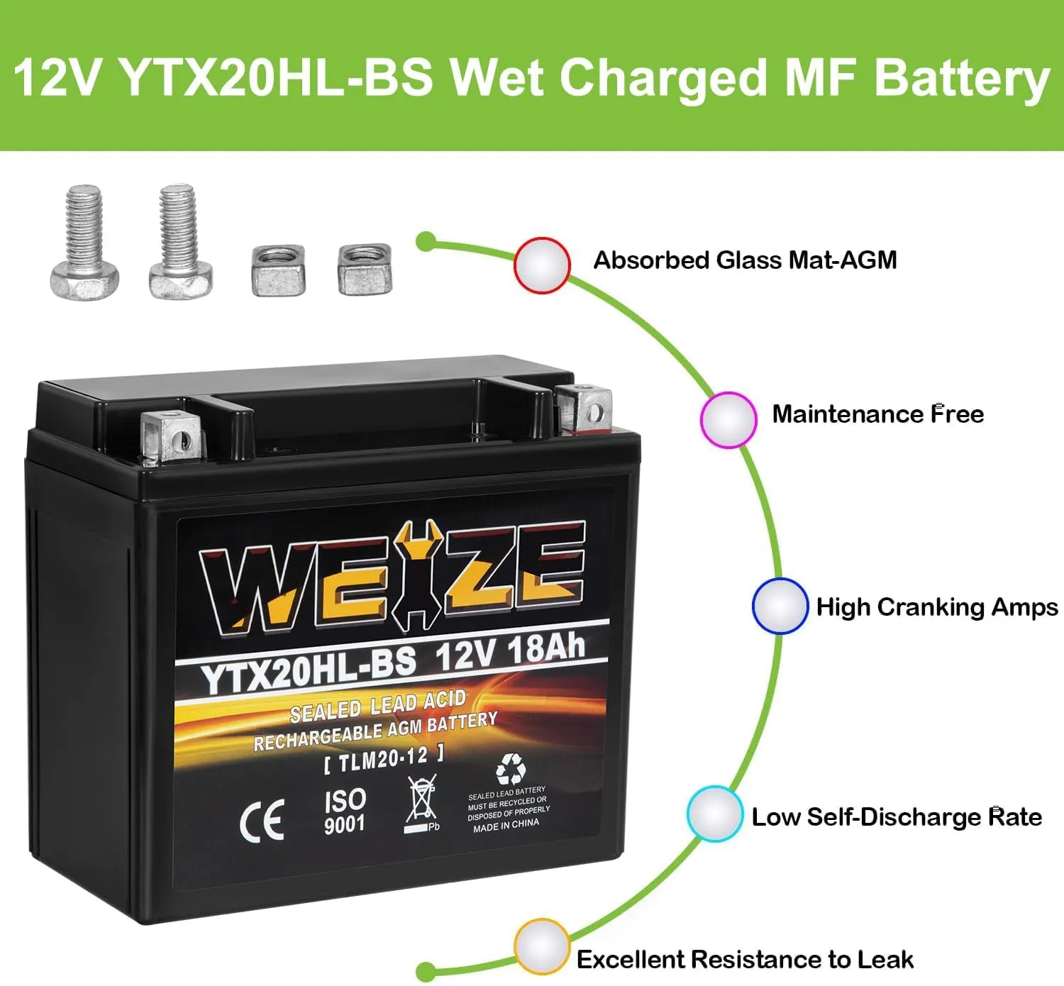 Weize YTX20HL-BS Battery, High Performance - Maintenance Free - Sealed AGM ETX20HL BS Motorcycle Battery