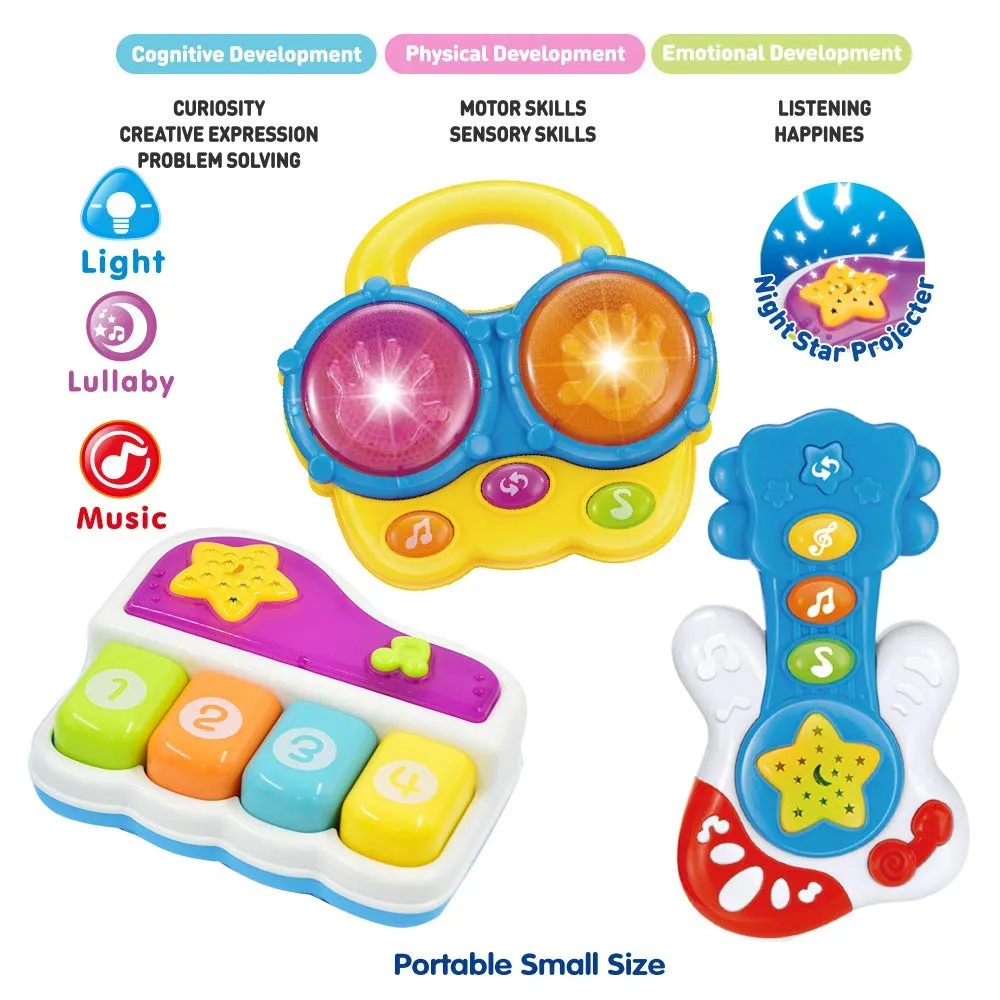 WEofferwhatYOUwant Baby Musical Instrument Set - Guitar Bongo Drums & Piano - Bedtime Light-up Projector - Several Modes of Play with Auto Off Function for Babies 6  Months - All Batteries Included