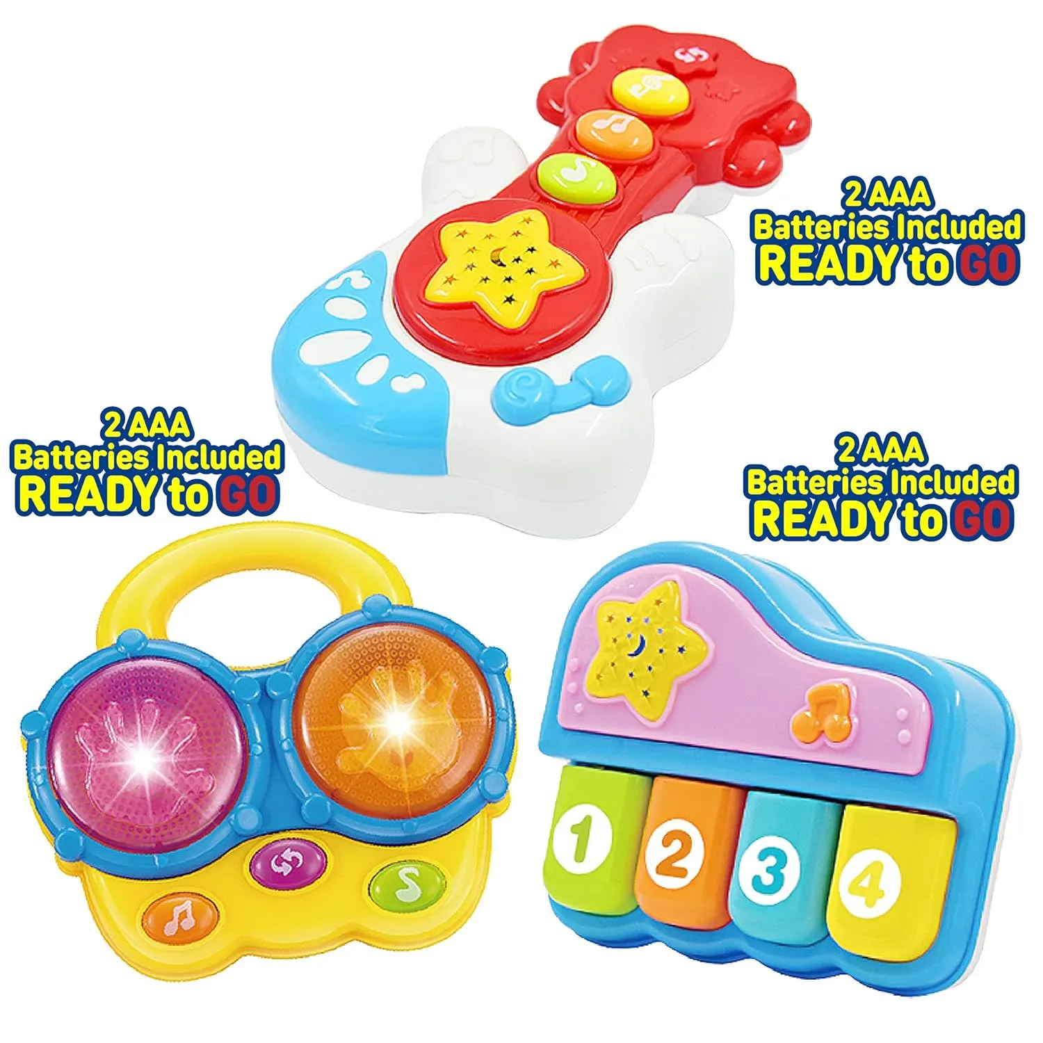 WEofferwhatYOUwant Baby Musical Instrument Set - Guitar Bongo Drums & Piano - Bedtime Light-up Projector - Several Modes of Play with Auto Off Function for Babies 6  Months - All Batteries Included