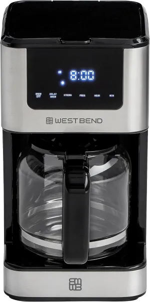West Bend Drip Coffee Maker Brews Hot or Iced, Programmable with Brew Strength Selector Auto Shut-Off and 6 Functions Permanent Mesh Filter and Glass Carafe, 12-Cup, Metallic