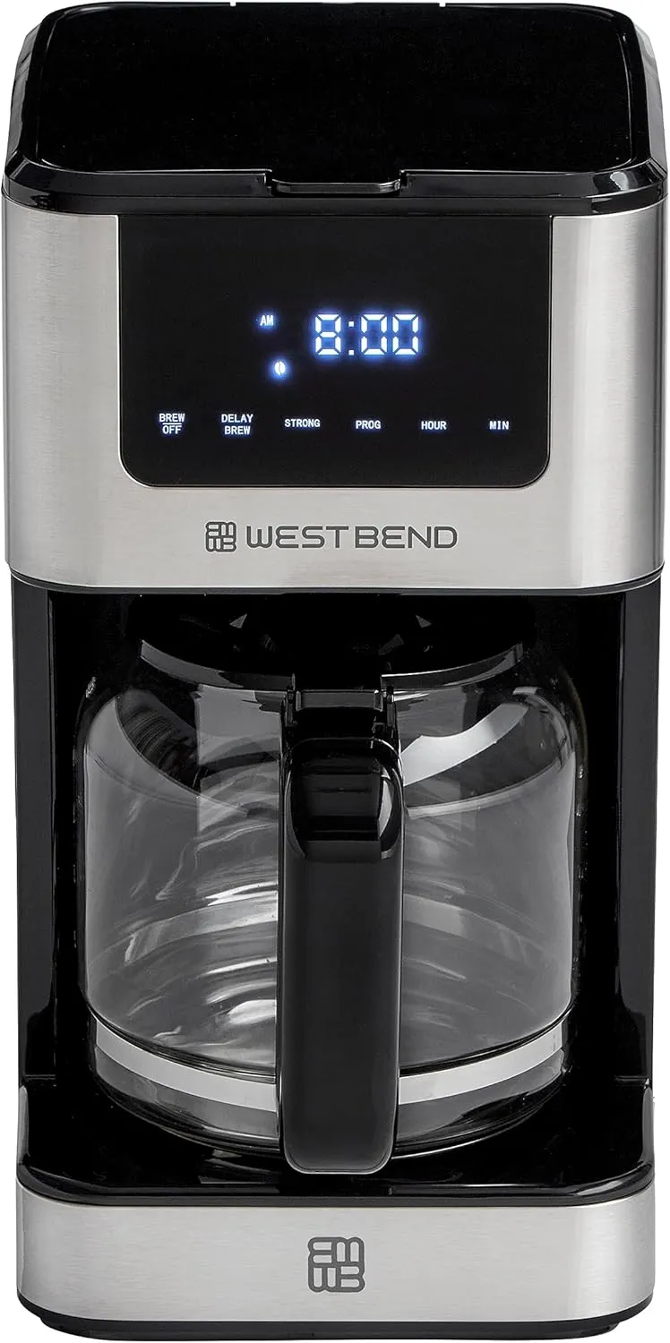 West Bend Drip Coffee Maker Brews Hot or Iced, Programmable with Brew Strength Selector Auto Shut-Off and 6 Functions Permanent Mesh Filter and Glass Carafe, 12-Cup, Metallic