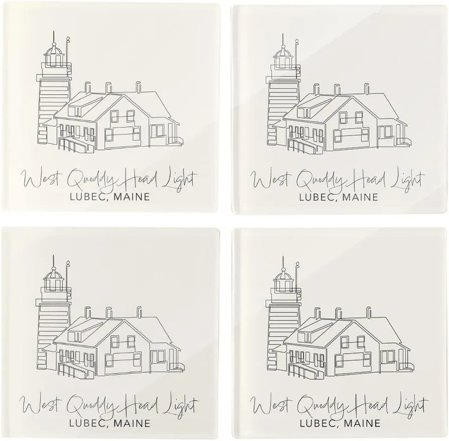West Quoddy Head Light, Joyride Home Decor, 4 Glass Coasters, 4-inch Square Drink Coasters, Set of 4, Non-Slip Cork Back, Protects Surfaces, Express Your Style.