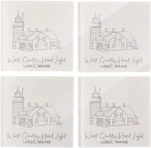 West Quoddy Head Light Muted Coastal, Joyride Home Decor, 4 Glass Coasters, 4-inch Square Drink Coasters, Set of 4, Non-Slip Cork Back, Protects Surfaces, Express Your Style.