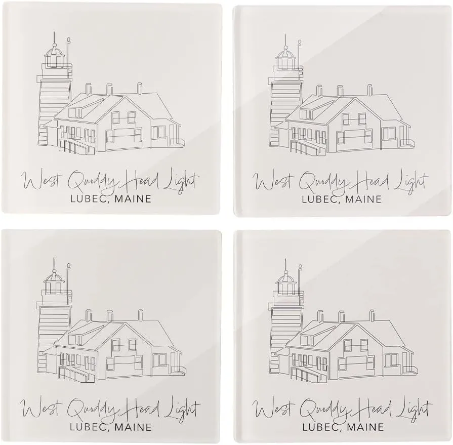 West Quoddy Head Light Muted Coastal, Joyride Home Decor, 4 Glass Coasters, 4-inch Square Drink Coasters, Set of 4, Non-Slip Cork Back, Protects Surfaces, Express Your Style.