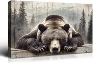 Wewejia - Rustic Bear Canvas Wall Art, Brown Vintage Mural, Large Grizzly Bear Portrait, Wildlife Forest Animal Print, Home Cabin Decorative Mural Rustic Farmhouse Decorative Painting 48x32 Inch
