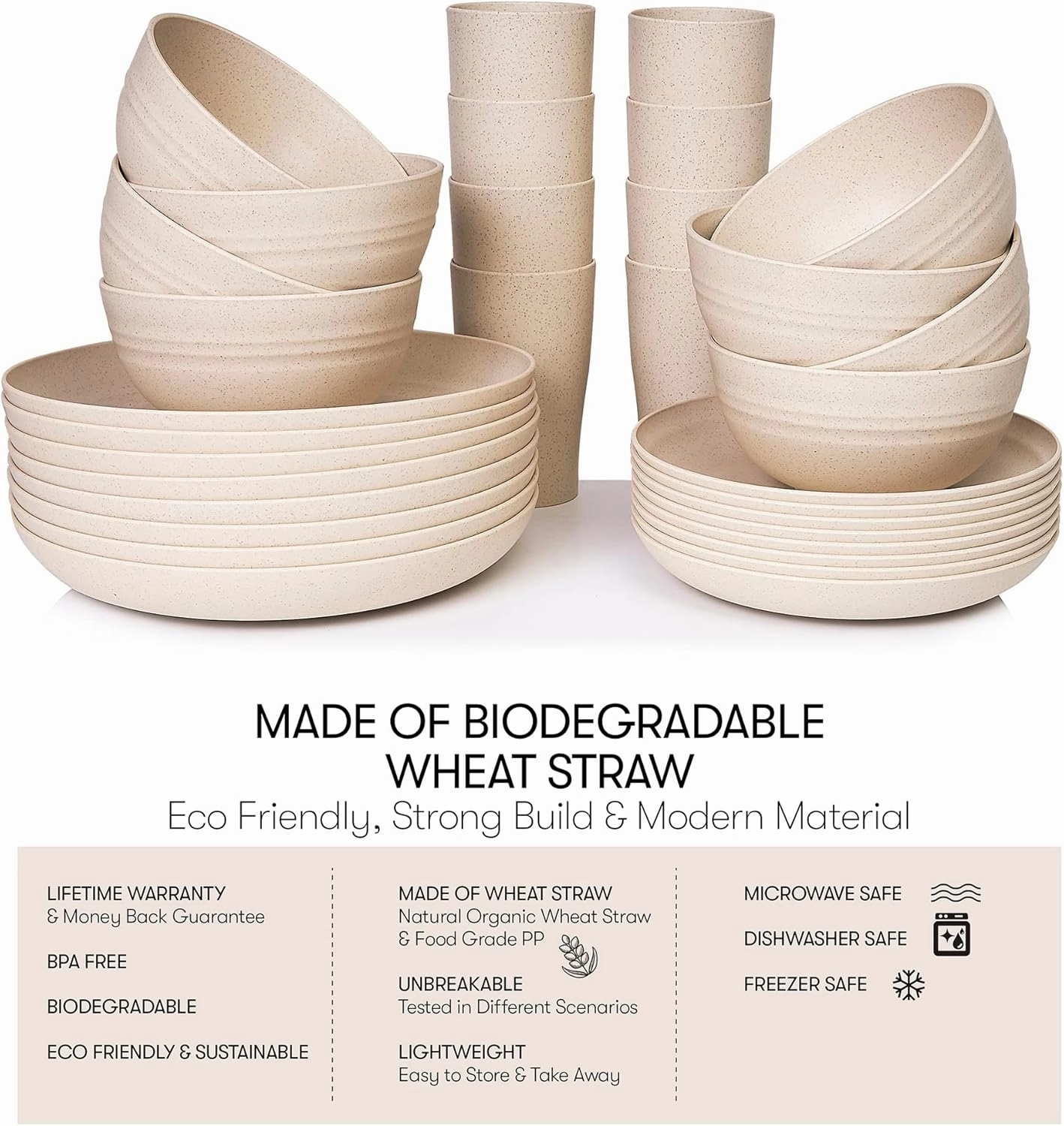 Wheat Straw Dinnerware Sets | Unbreakable Dinnerware Sets | Dishwasher Microwave Safe Dinnerware | Eco Friendly Non Breakable Dinnerware Sets | RV Outdoor Camping (Beige, Service for 8 (32 pcs))